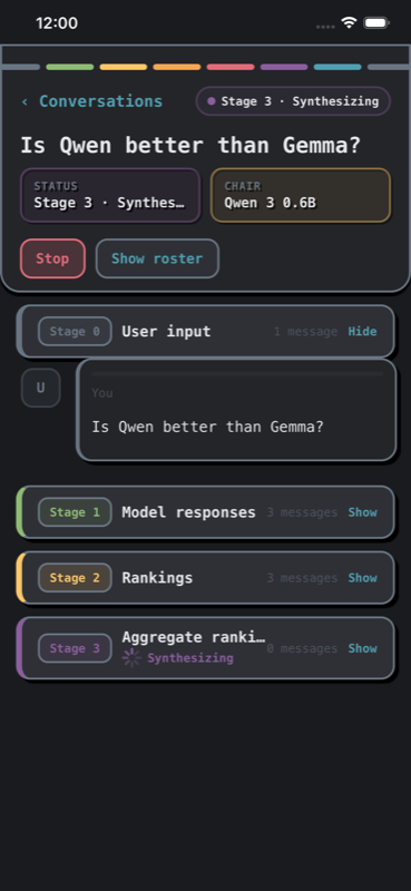 Pocket Council showing a chair coordinating a multi-model debate with rankings.